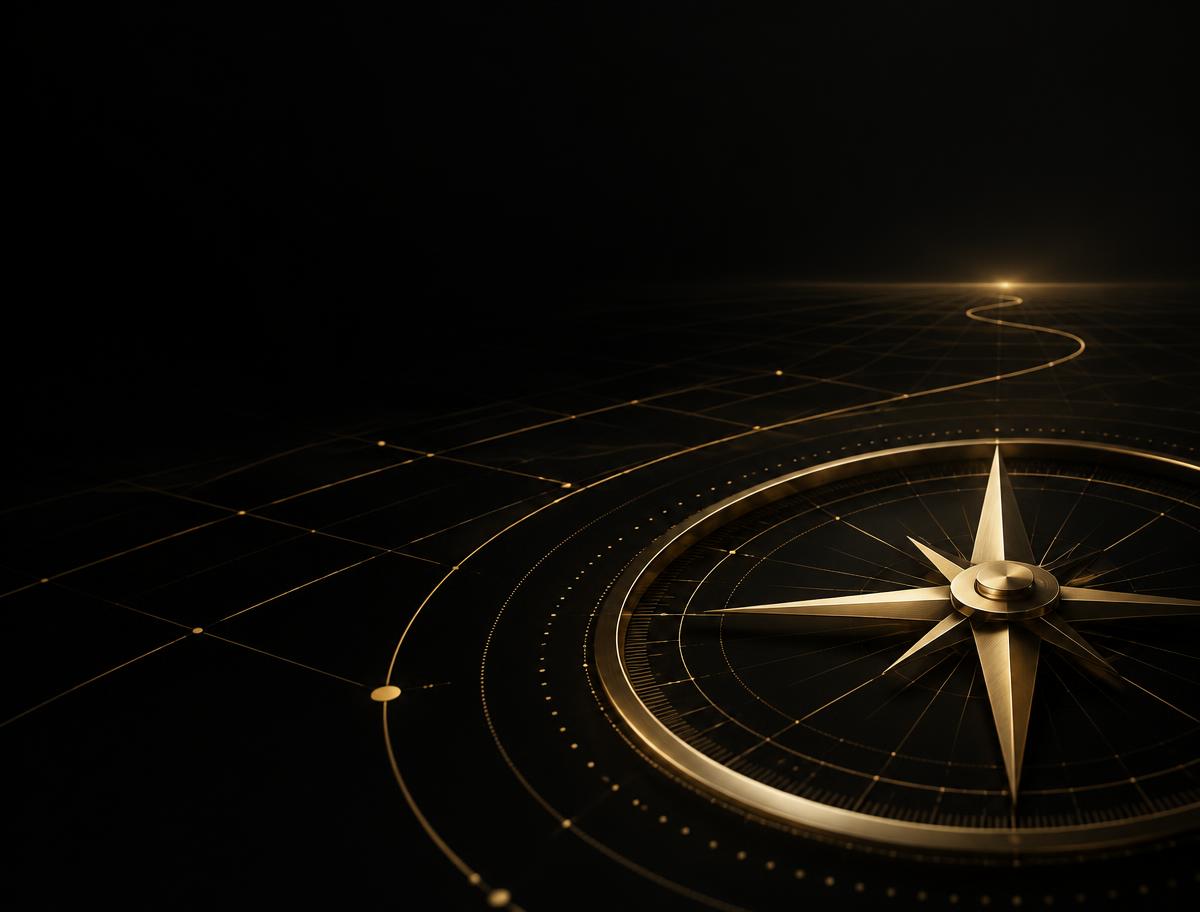 A black and gold compass representing strategic leadership
